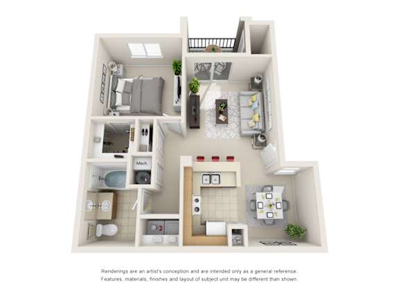 A 3D floor plan of a small apartment with a kitchen, living room, and bathroom.