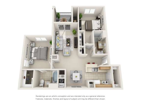 A 3D rendered image of a house layout.