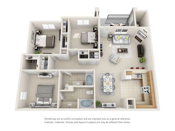 A 3D floor plan of a house with a kitchen, living room, and bathroom.