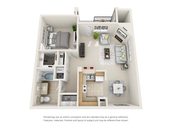 A 3D floor plan of a small apartment with a kitchen, living room, and bathroom.