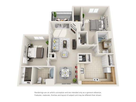 A 3D floor plan of a house with a kitchen, living room, and bathrooms.