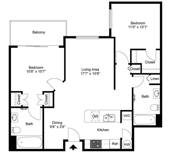 A black and white image of a house floor plan with a balcony, two bedrooms, a living area, a dining area, a kitchen, a bath, and a laundry area.