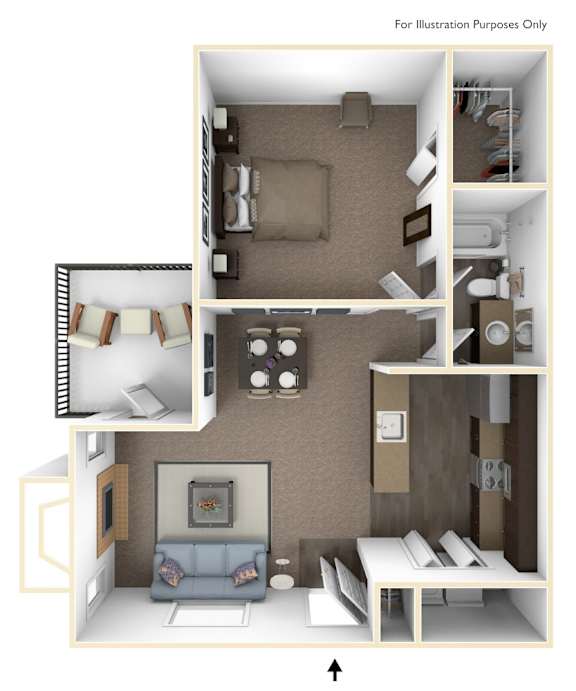 A 3D floor plan of a small apartment with a living room, kitchen, and bedroom.