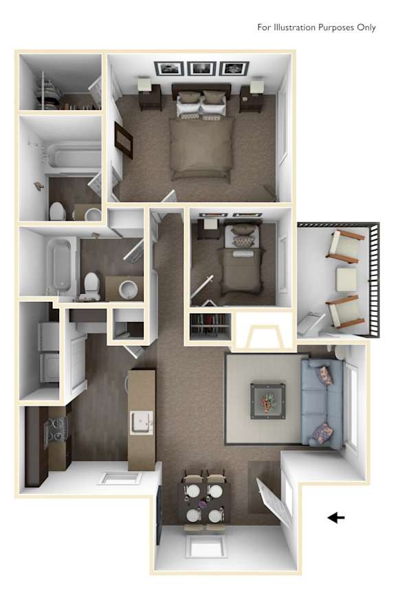 A floor plan of a small apartment with a kitchen, living room, and bedroom.