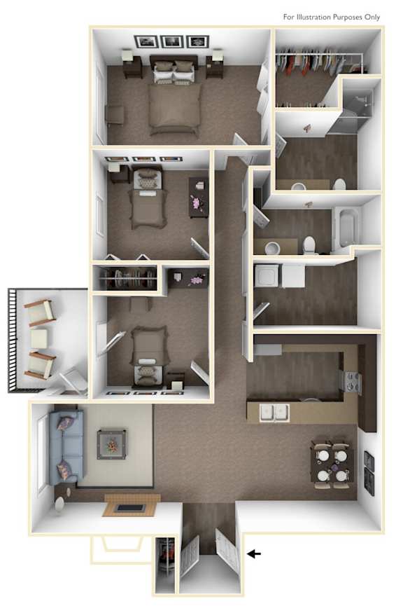 A floor plan of a small apartment with a kitchen, living room, and bedrooms.