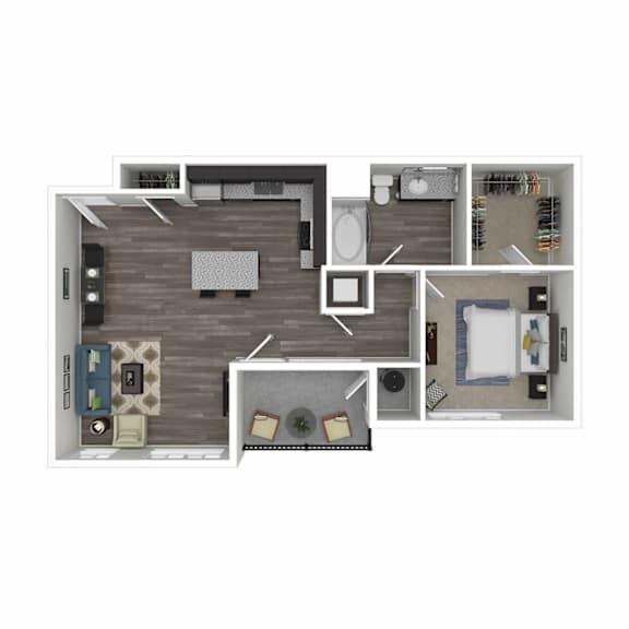 A 3D floor plan of a small apartment with a kitchen, living room, and bathroom.