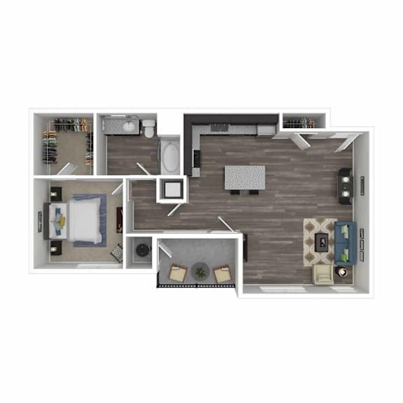 A floor plan of a small apartment with a kitchen, living room, and bathroom.
