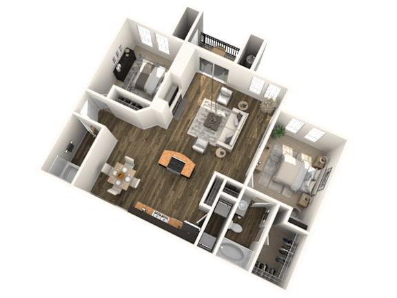 A 3D floor plan of a house with a kitchen, living room, and two bedrooms.