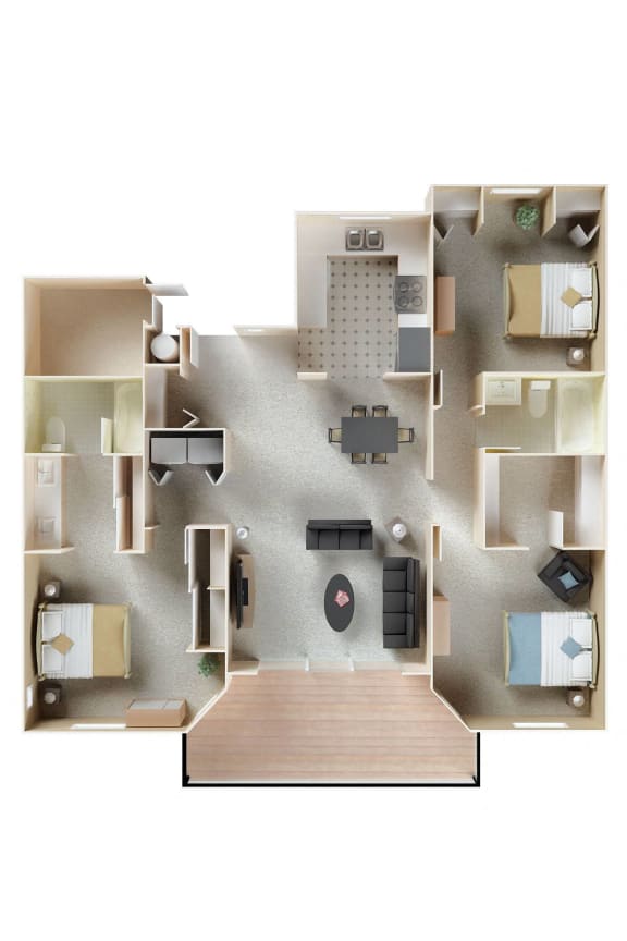 a 3d floor plan of a house with furniture and a living room