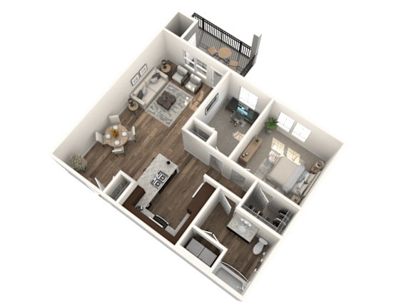 A 3D floor plan of a house with a kitchen, living room, and two bedrooms.