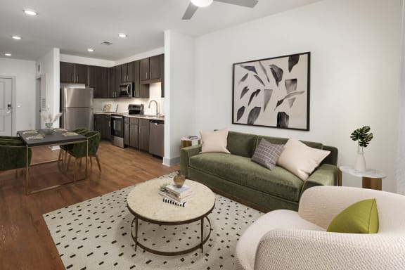 a living room with a couch and a table