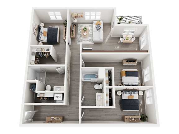 A top down view of a small apartment with a kitchen, living room, and bedroom.