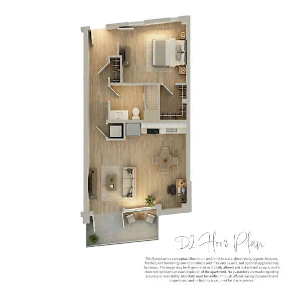 A floor plan of a two-bedroom apartment with a living room, kitchen, and bathroom.