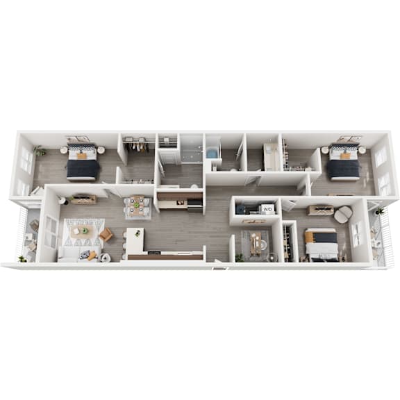 A 3D floor plan of a house with multiple rooms and furniture.
