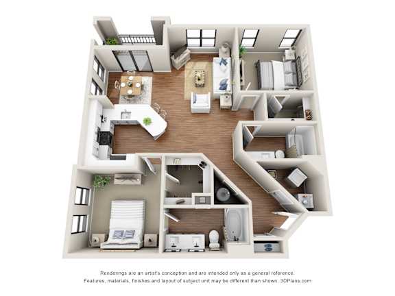 A 3D floor plan of a house with a kitchen, living room, and bedrooms.