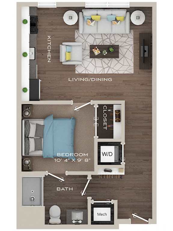 A floor plan of a small apartment with a kitchen, living room, dining area, bedroom, bathroom, and a work desk.