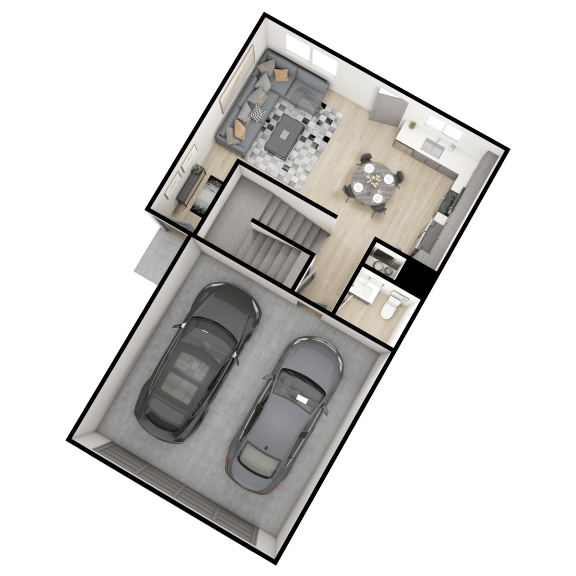 Floor Plan  a 3d floor plan of a house with a garage and two cars