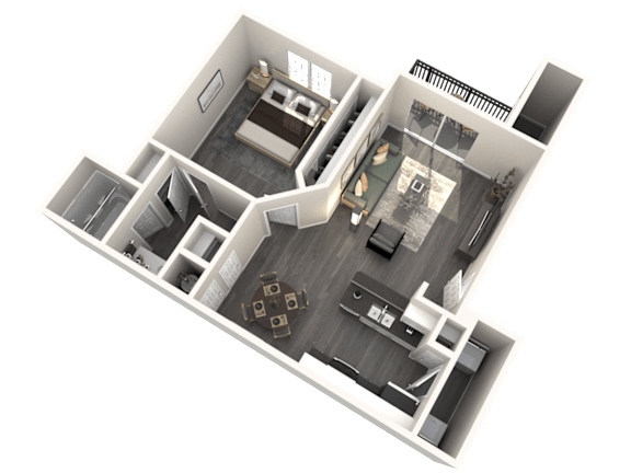 A 3D floor plan of a house with a kitchen, living room, and two bedrooms.