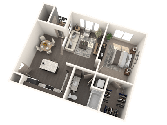 A 3D floor plan of a house with a kitchen, living room, dining room, and bedrooms.