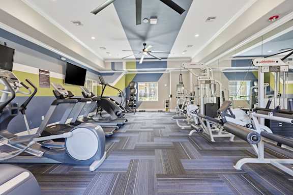 A gym with treadmills and elliptical machines.