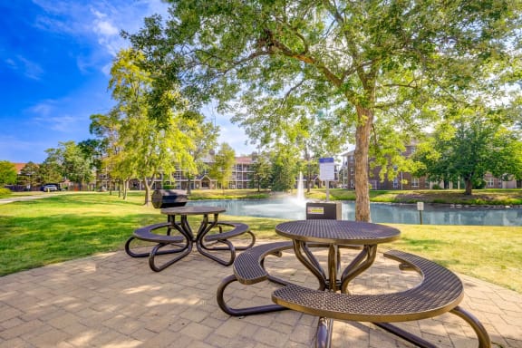 a group of picnic tables in a park next to a pond