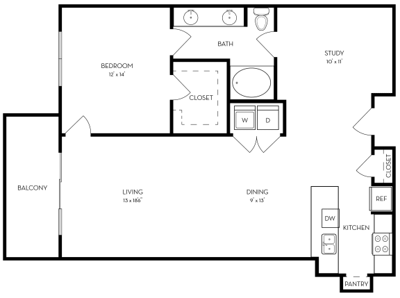 1 Bed 1 Bathroom Floorplan at The Dylan, Dallas, 75219