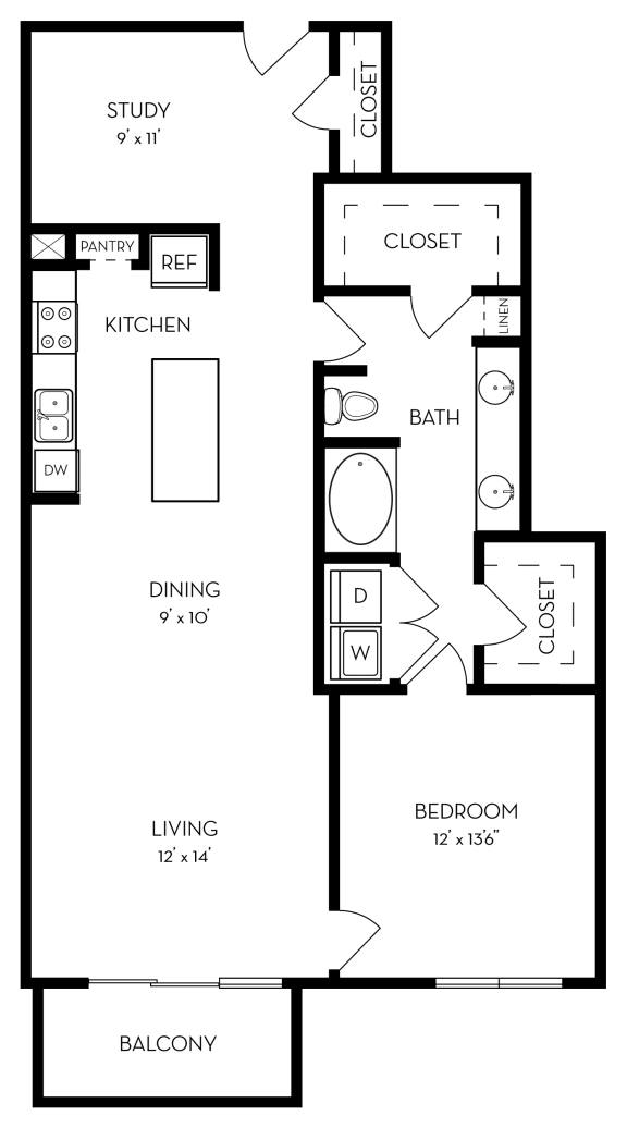 One Bed 1 Bath Floorplan at The Dylan, Dallas, TX