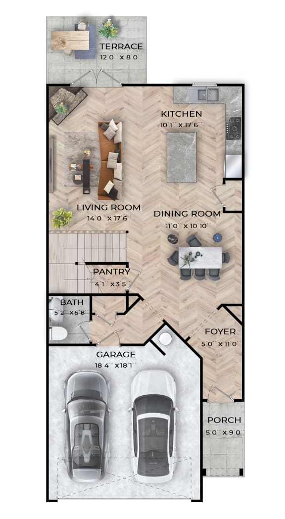 a floor plan of a house with a garage and a living room with a kitchen and a