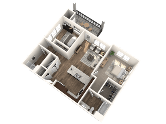A 3D floor plan of a house with multiple rooms and furniture.