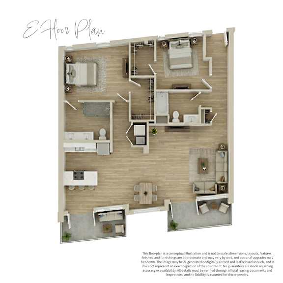 A floor plan of an apartment with a kitchen, living room, and two bedrooms.
