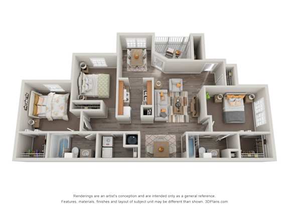 A 3D floor plan of a house with multiple rooms.