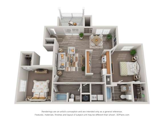 A 3D floor plan of a house with a living room, kitchen, dining room, and bedrooms.