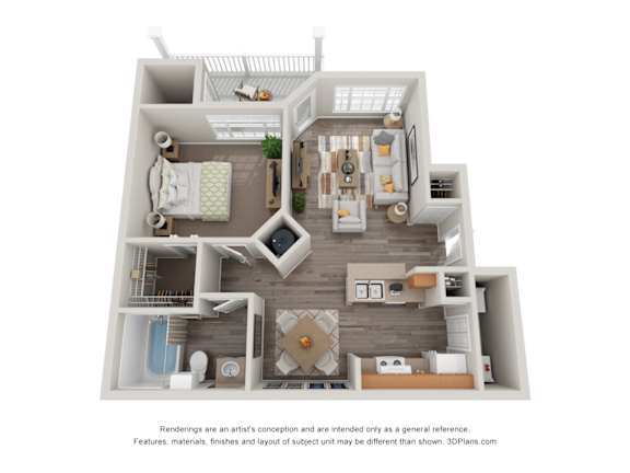 A 3D floor plan of a house with a kitchen, living room, and bathroom.