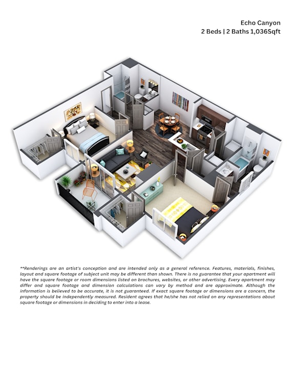 A 3D floor plan of a two bedroom, two bathroom apartment.