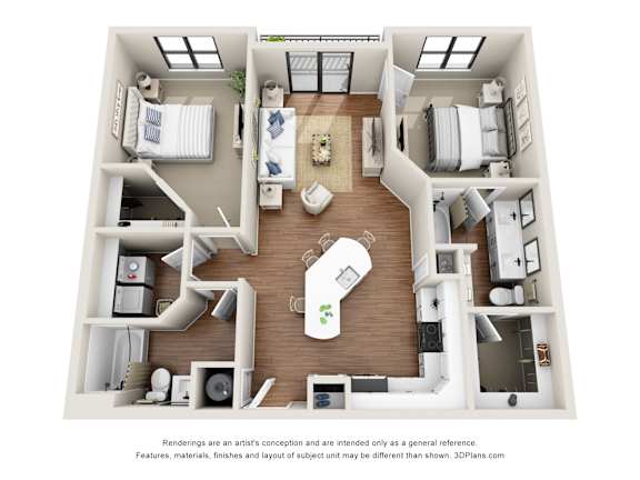 A 3D floor plan of a house with a kitchen, living room, and two bedrooms.