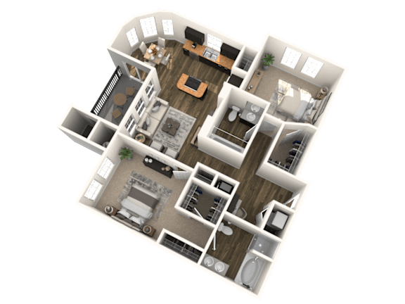 A 3D floor plan of a house with multiple rooms and furniture.