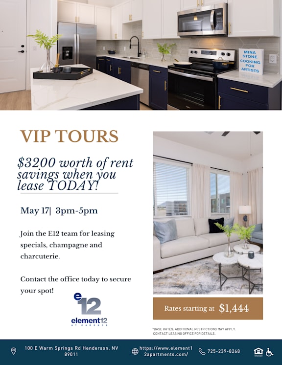 A flyer advertises VIP Tours for $3200 worth of rent savings when you lease today.