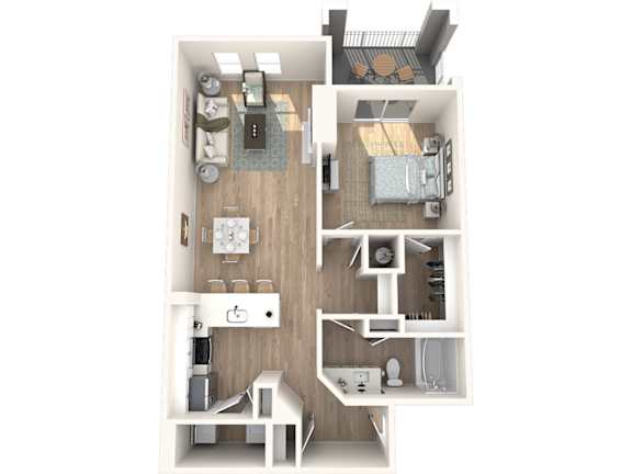 A top down view of a small apartment with a bedroom, living room, and kitchen.