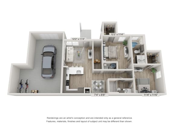 a stylized floor plan with a car in a bedroom