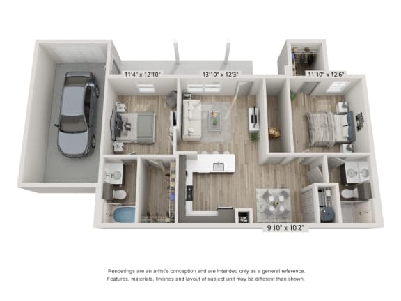 a stylized floor plan with a bedroom and a living room