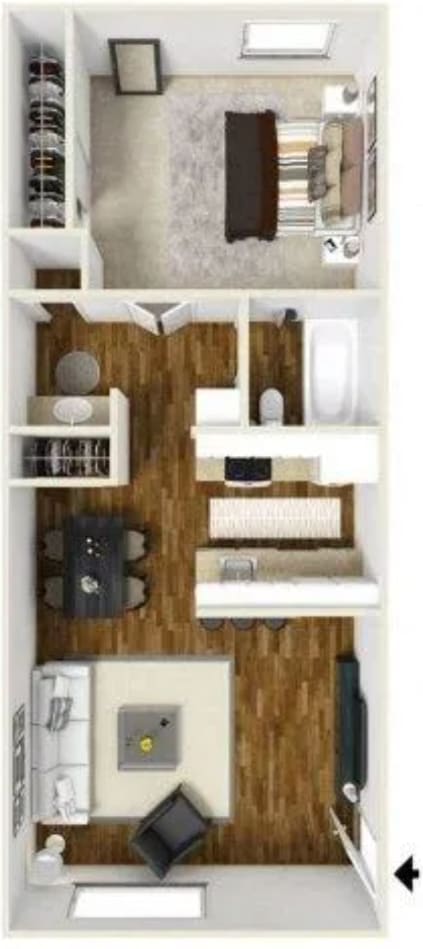 A floor plan of a small apartment with a kitchen, living room, and bathroom.