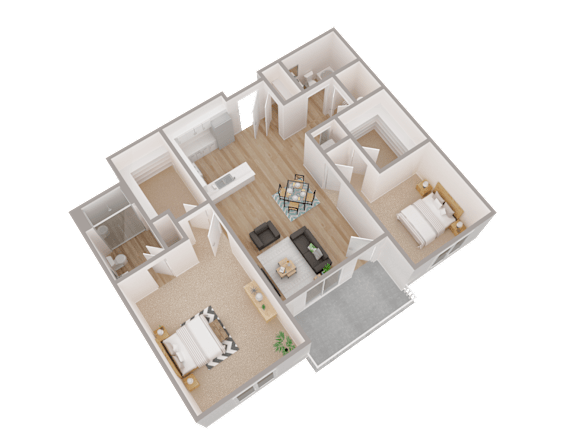 Floor Plan  A 3D floor plan of a house with a living room, kitchen, dining room, and bedrooms.