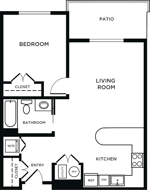 Floor Plan  A black and white image of a floor plan for a house with a bedroom, bathroom, living room, kitchen, and patio.