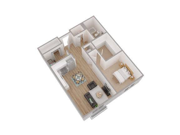 A 3D rendered image of a house layout.