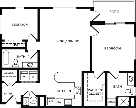A black and white image of a house floor plan with a living room, dining room, kitchen, two bedrooms, a bathroom, and a patio.