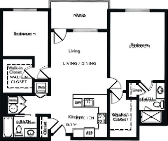 Floor Plan  A black and white floor plan of a two bedroom apartment.