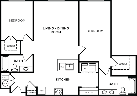 A black and white image of a floor plan for a house with 4 bedrooms, a living/dining room, a kitchen, a pantry, and 2 bathrooms.