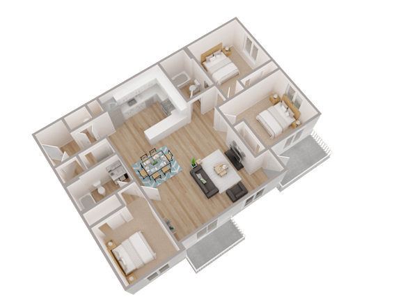 Floor Plan  A 3D floor plan of a house with multiple bedrooms and a living area.