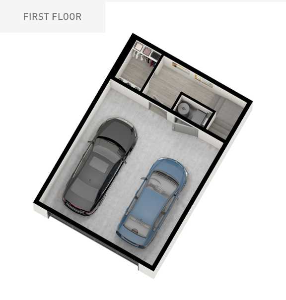 Two cars are parked in a garage on the first floor.
