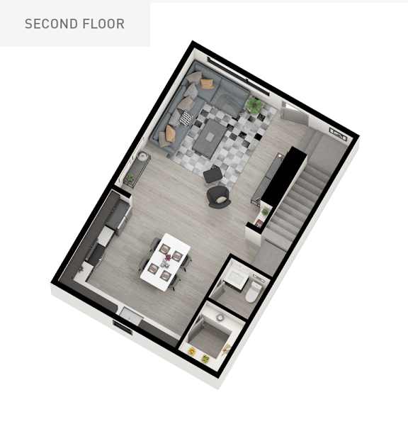 A floor plan of a second floor apartment with a kitchen, living room, dining room, and bathroom.